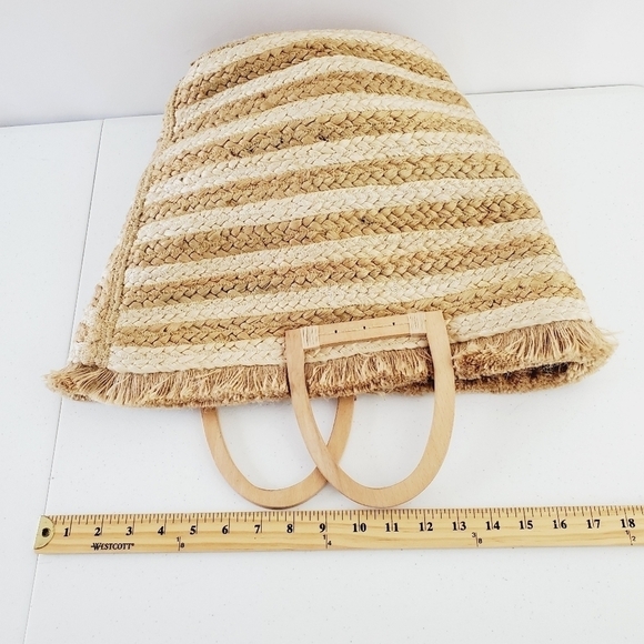 Antik Kraft Striped Jute Tote Ivory Large Beach Coastal Wood Handle Bag NEW - Picture 8 of 14